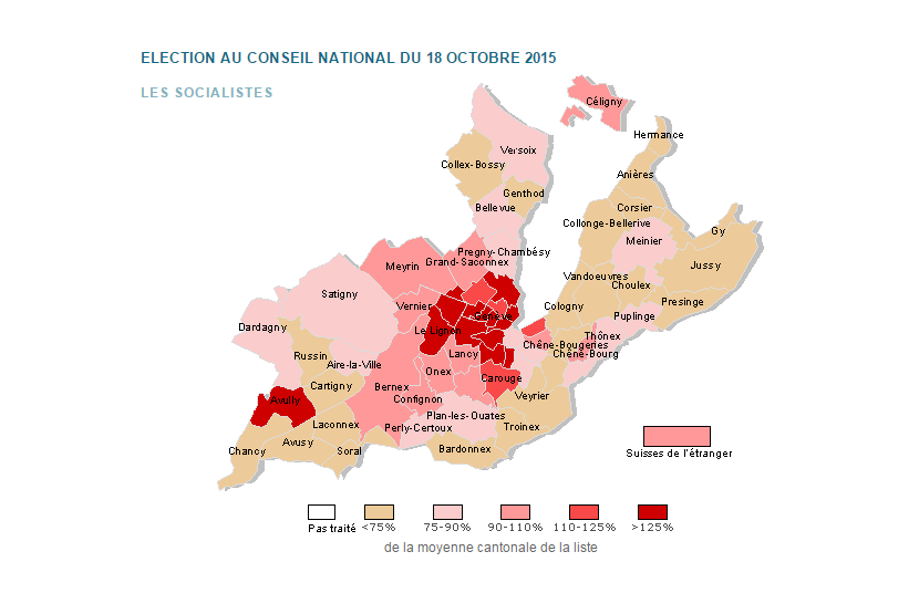 carte des résultats électoraux du PS dans le Canton de Genève selon chaque commune